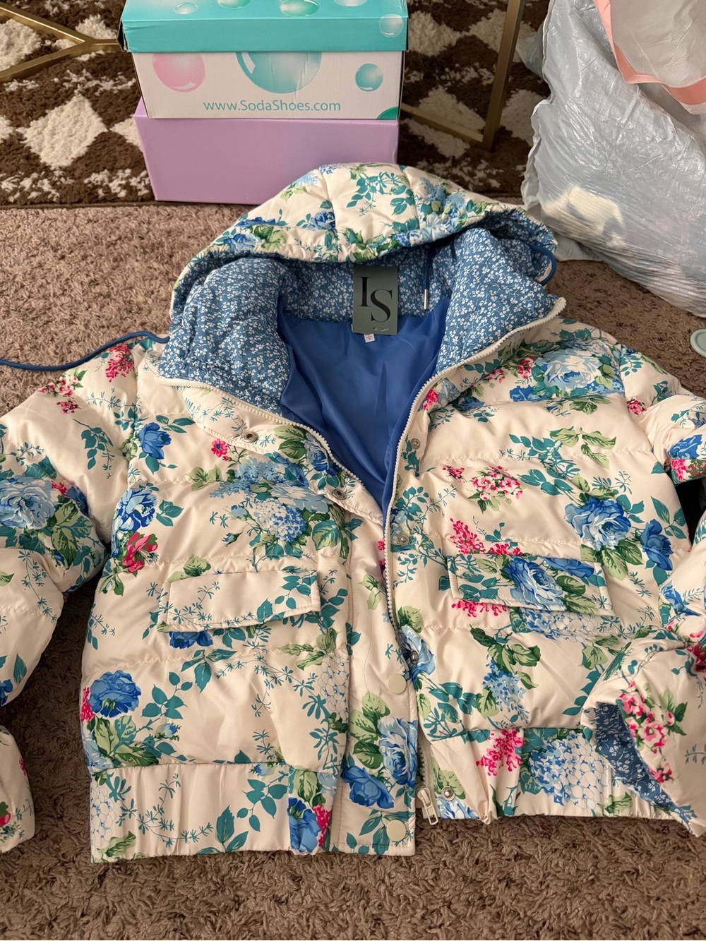 Floral Puffer Jacket — Cream & Blue